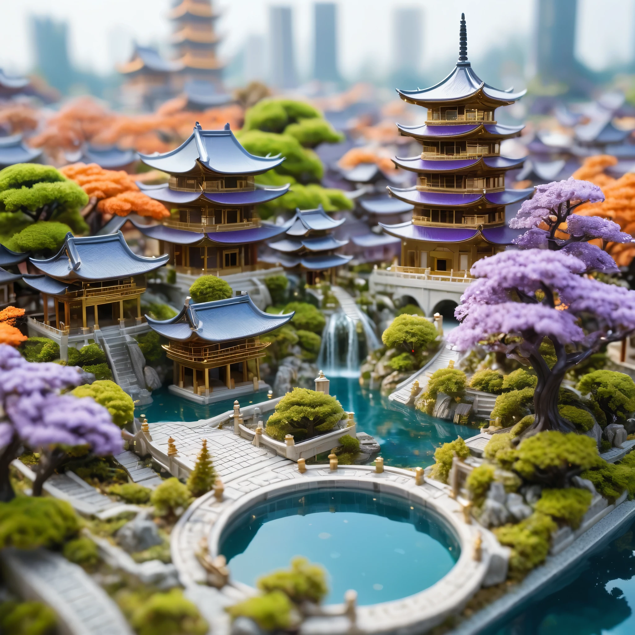 A beautifully detailed miniature city with a central pagoda-like building surrounded by a circular pool of water. The city has a mix of ancient Asian architecture with vibrant green, orange, and purple trees spread throughout. The scene is lit with soft, warm sunlight, creating a serene and enchanting atmosphere. The buildings and streets are intricate, with a focus on the golden roofs and blue waters. The overall style is reminiscent of macro photography, with a sharp focus on the central structure and a dreamy, artistic feel to the surroundings.