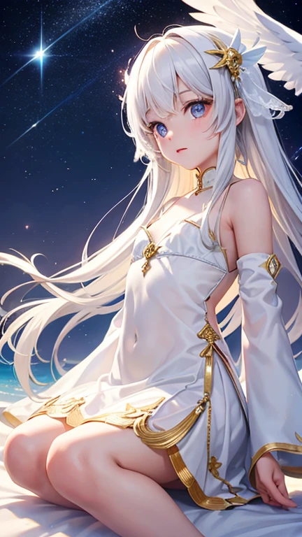 ,Angel,Translucent white skin,Big clear eyes,Her hair is soft and golden, and flutters in the wind.,Fluffy white feathered wings spread out from its back,Clean white clothing with a soft sheen,The costume is decorated with small gold and silver ornaments.、Shining gently in the light,The background is sparkling and shooting stars are falling.,It radiates a god-like light