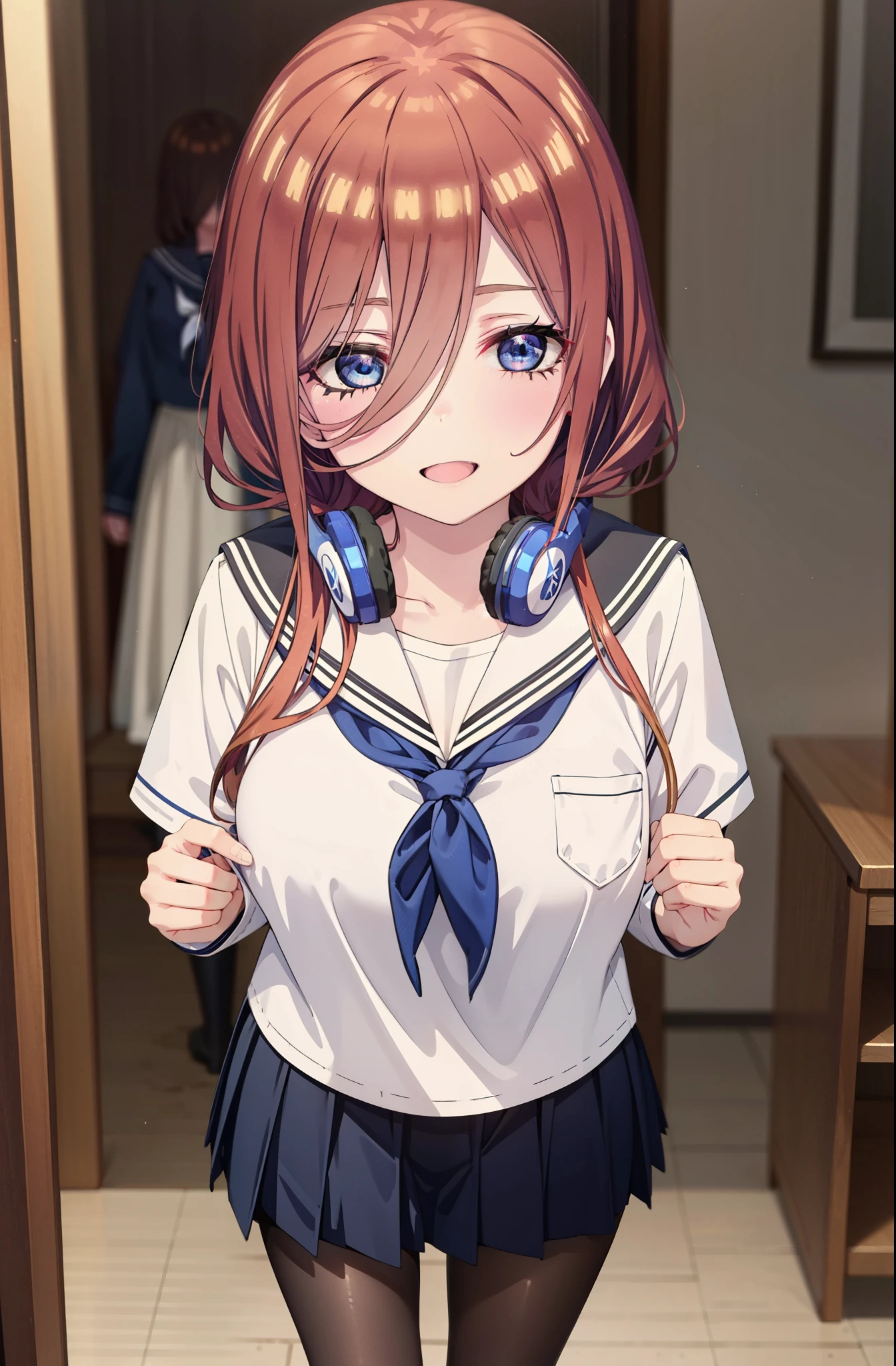 Mikunakano, Miku Nakano, Long Hair, bangs, blue eyes, Brown Hair, shirt, Hair between the eyes, Headphones around the neck,smile、happy smile, smile, Open your mouth,Big Breasts,Japanese schoolgirl(Black Sailor Suit),Short sleeve,Black pleated skirt,Black Pantyhose,Brown Loafers,Daytime,sunny,whole bodyがイラストに入るように,Looking down from above,
break indoors, School,Big Breasts,
break looking at viewer, whole body,
break (masterpiece:1.2), highest quality, High resolution, unity 8k wallpaper, (shape:0.8), (Beautiful details:1.6), Highly detailed face, Perfect lighting, Highly detailed CG, (Perfect hands, Perfect Anatomy),