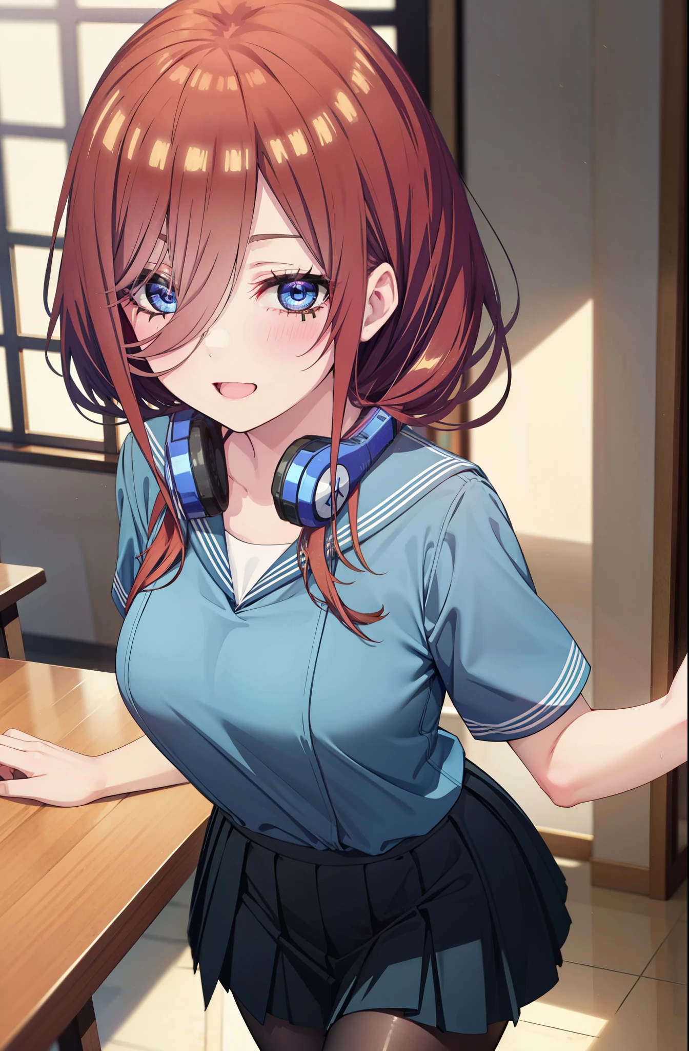 Mikunakano, Miku Nakano, Long Hair, bangs, blue eyes, Brown Hair, shirt, Hair between the eyes, Headphones around neck,smile、happy smile, smile, Open your mouth,Big Breasts,Japanese schoolgirl(Black Sailor Suit),Short sleeve,Black pleated skirt,Black pantyhose,Brown Loafers,Daytime,Clear skies,whole bodyがイラストに入るように,Looking down from above,
break indoors, School,Big Breasts,
break looking at viewer, whole body,
break (masterpiece:1.2), highest quality, High resolution, unity 8k wallpaper, (shape:0.8), (Beautiful details:1.6), Highly detailed face, Perfect lighting, Extremely detailed CG, (Perfect hands, Perfect Anatomy),