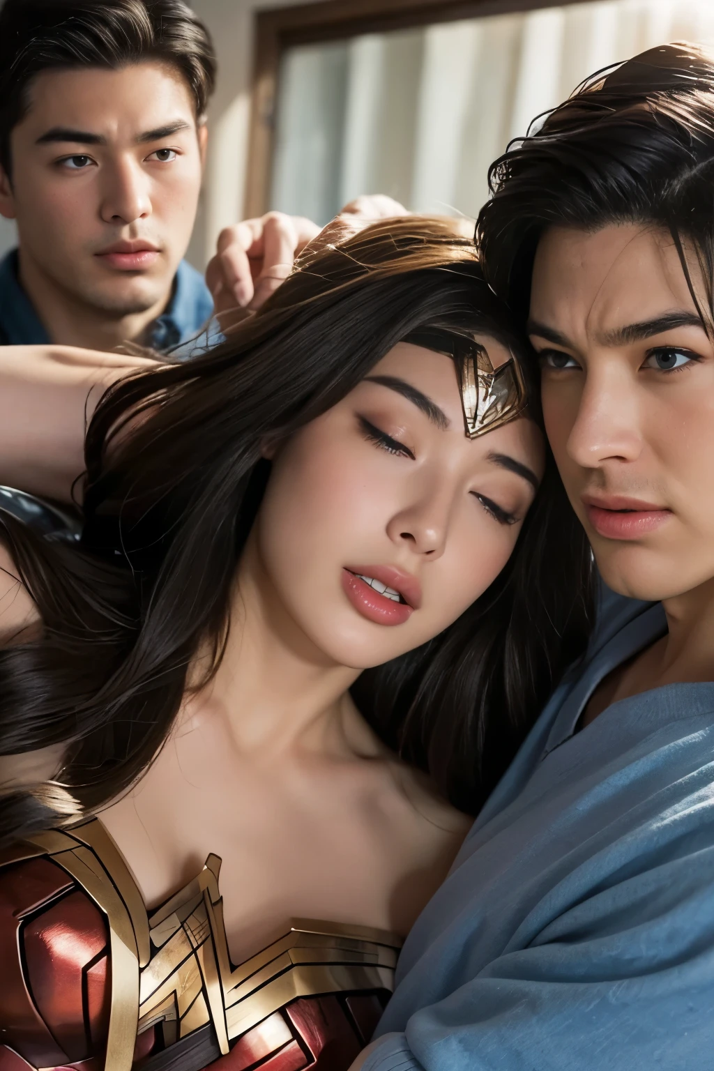 私はWonder Womanです、完璧なWonder Womanの衣装,Kneel,押しDefeated,Defeated,A man mounts me,Face grabbed、Hug from the front,Hugged,Being strangled,You can hold it，Leaning on the man，Hugged，Can be lifted，Men lick my face with their tongues,The guys lick my head with their tongues,Men lick my hair with their tongues,My body is licked by men,sleeping face,Close ~ eyes,Open your mouth,Tired face,Face of Suffering,sleeping face,Being slapped in the face,Getting punched in the face,Fighting with men,Fight with the men,Surrounded by men,,Caught between the men,Being held back by men,Entanglement with males, Attacked by men,Brown Hair,  masterpiece、beautiful girl、fine 目、puffy eyes、highest quality, 超High resolution, (reality: 1.4), Cinema Lighting,so beautiful、Beautiful Skin、(超reality的な)、(High resolution)、(8k)、(Very detailed)、(beautiful and fine 目)、(Very detailed)、 Detailed face、Diagonal bangle hair、Brown Hair、20-year-old、Wonder Womanのコスプレ，Wonder Woman