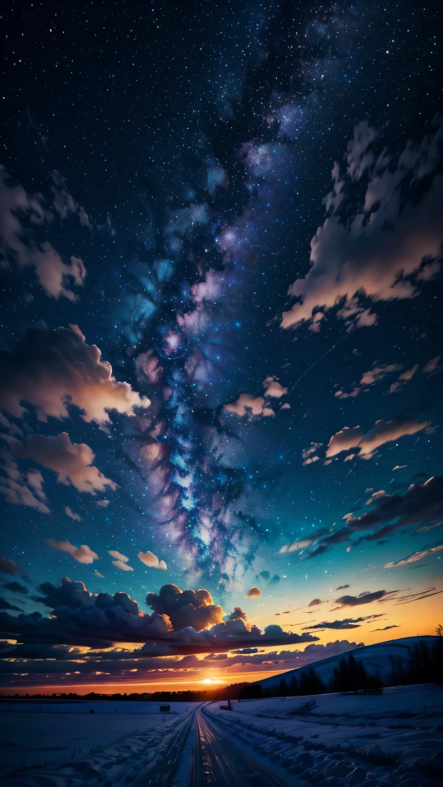 A colorful galaxy，Clouds，Sunset，Snow，Over the farm