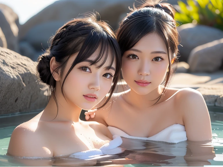 ultra high quality, high quality, Best image quality, 8k, ultra High resolution, High resolution, masterpiece, far and near method, Detailed and realistic human body, Dense and realistic skin, Realistic face in every detail, Realistic reproduction of every detail, Detailed and realistic lips, Detailed and realistic teeth, Detailed and realistic ears, Detailed and realistic hair, Detailed and realistic arms, Realistic reproduction of every detail, ((Beautiful Japanese Girl)), (Japanese Model), (Japanese women), ((22 year old beautiful girl)), (Black Hair), (Girl with medium bob hair and girl with bun hair), (sexy look), ((whole body)), ((Beautiful upward-facing breasts)), (Small and slim body type), (Fair skin), ((naked towel)), (Soft natural light), ((Hot springs surrounded by rocks)), ((Enter the hot spring)), ((A woman warming herself in a hot spring)), ((Soak in a hot spring)), ((Bathing in an open-air bath)), ((soak up to your chest in water)), ((Bathing in an open-air bath)),