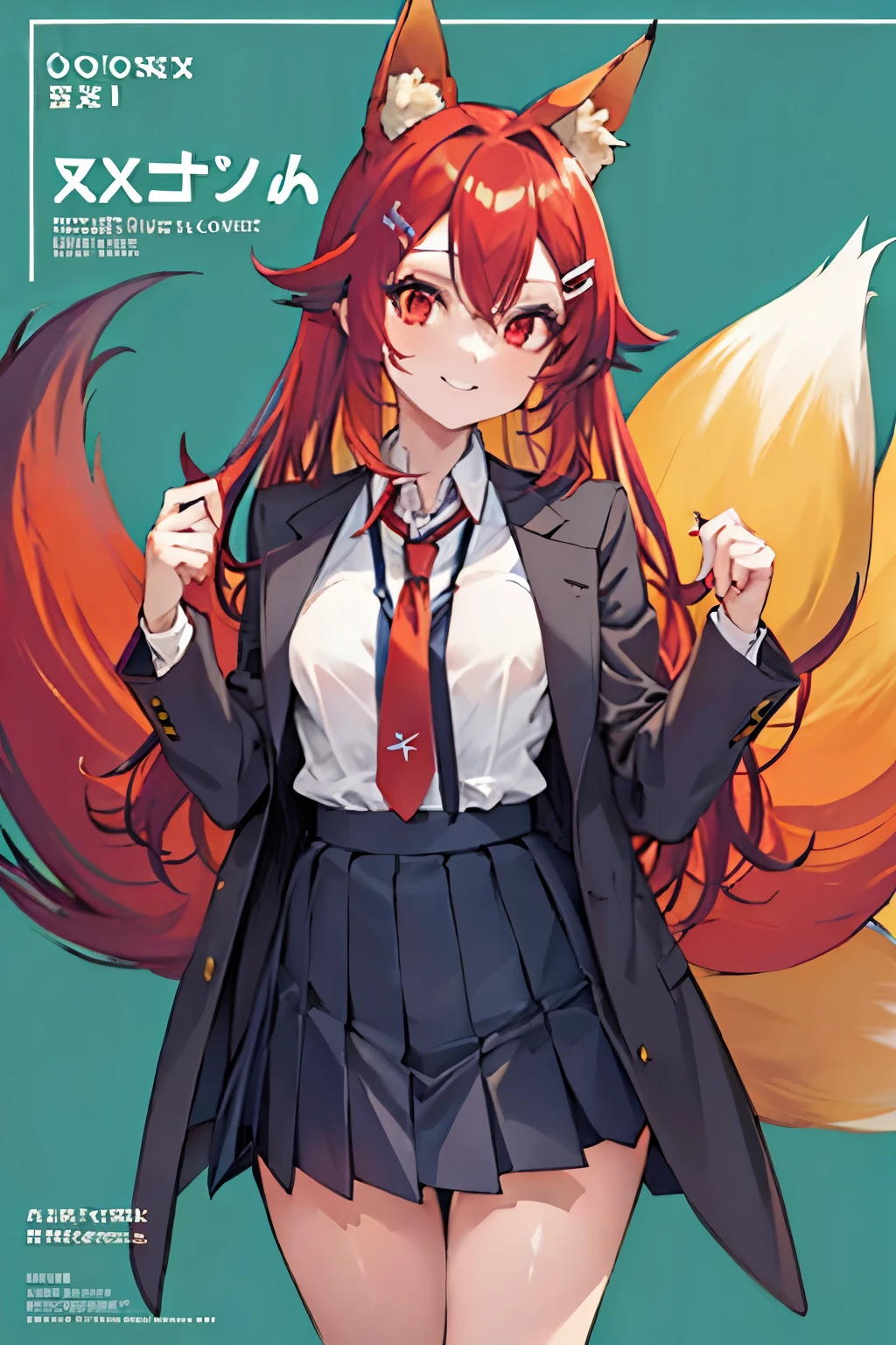 Firefox-Skollie, red eyes, fox girl, multiple tails, multicolored hair, 1girl, hairclip, solo, light smile, small breasts, looking at viewer, 
, pleated skirt, necktie, open jacket, magazine cover, simple background, 
(masterpiece:1.1), (best quality:1.1), (ultra-detailed:1.1), (illustration:1.1),