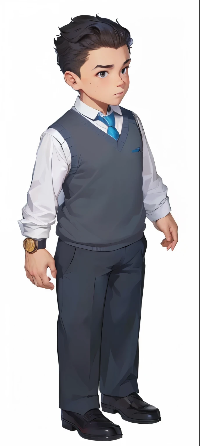 A cartoon boy in a vest and tie，sweater，Stand with your hands in your pockets, 官方Character art, Full body portrait, 人物Full body portrait, Full body character portrait, Official character illustrations, Full body portrait, ( ( Character Concept Art ) ), Single character full body, Official Art, Character art, Professor Clothes, Joe Biden plays the role of JoJo, Full body character