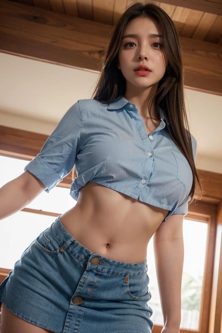 1 girl, blue eyes, Long hair, Big breasts,Button-up shirt,Pronounced nipple contour,Exposed breasts, (Tight miniskirt:1.6),Legs open,(Hip up:2.0),Facing the camera,Look at the lens,full-body shot,(Ultra-low angle overhead shooting:1.6), Unity 8k wallpaper, Ultra Detailed, Aesthetic, masterpiece, best quality, Realistic,Random color matching,Face HD,Full body close-up,Extreme low-angle telephoto:1.6。underboob shirt,skirt,Small amount,Prominent genital outline。underboob