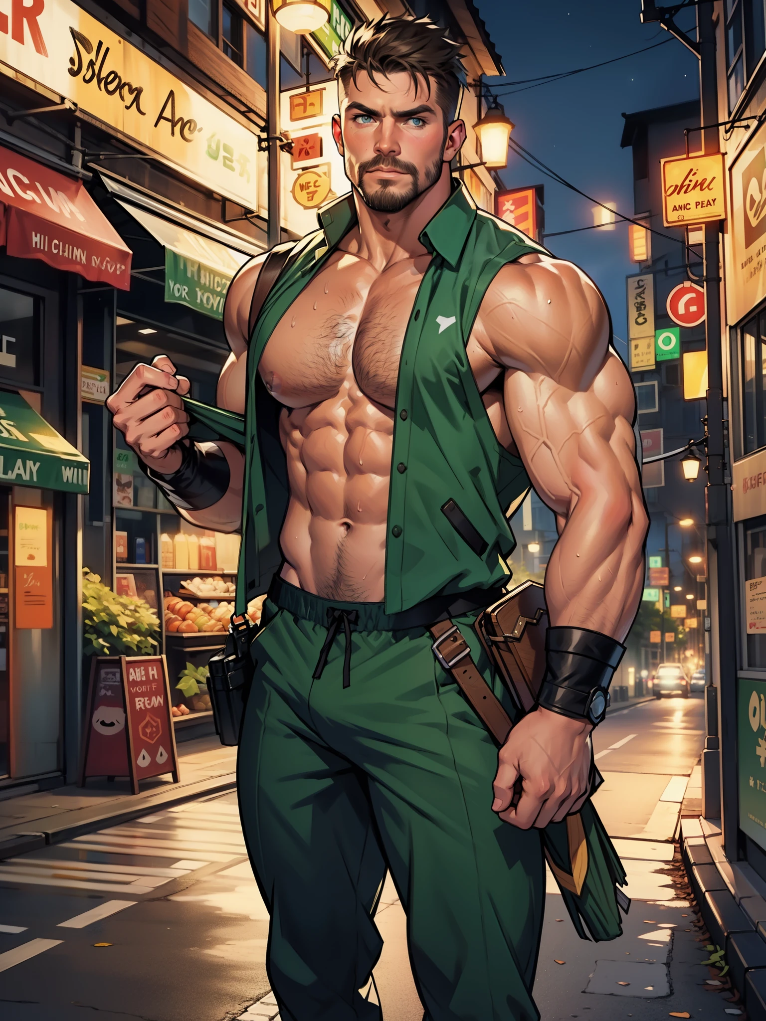 masterpiece, best quality face, natural eyes, macho man,, muscled and mature, stephen amell as a green arrow wearing totally unbuttoned  pants , shirtless , showing nipples ,sweating, tight cloth showing his muscles and bulge,short hair, short facial hair , short beard , short moustache,  quiver on his back , bow in his hand  , full body , background city at night , in action