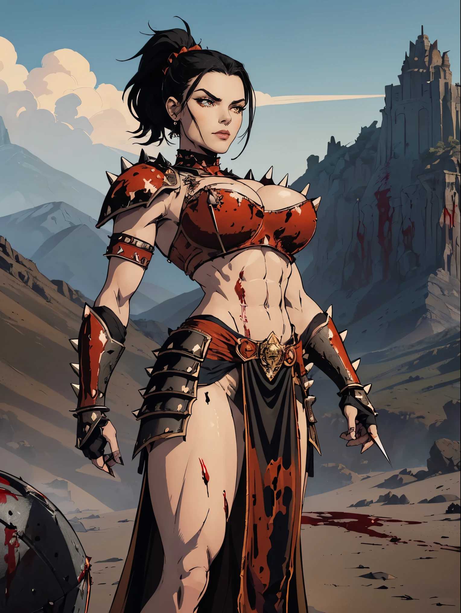 (masterpiece, top quality, best quality, official art, beautiful and aesthetic:1.2), (1girl:1.3), ((Sharp facial features, sharp features, hawkish features)), ((pale skin, orange eyes, big hair, long black hair, ponytail)), big tiddy chaos warrior girl, extremely detailed, portrait, looking at viewer, solo, (full body:0.6), detailed background, full-body shot, (hot desert mountain theme:1.1), chaos warrior, (spiky helmet), charlatan, smirk, mysterious, swaying in mountains, armor, red metal, brass trim, long boots, dual axes, blood red fabric, pelvic curtain, loincloth, black leather, ((((spiky armor, cropped top, heavy armor, blood, blood splatter, armored, gigantic breasts, long legs, pelvic curtain, toned, muscular)))), cute belly button, toned tummy, slim waist, slim hips, long legs, medieval (mountain exterior:1.1) background, dark mysterious lighting, shadows, magical atmosphere, dutch angle