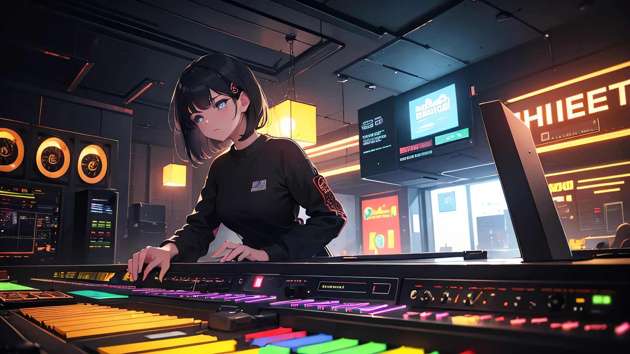 Best quality, (masterpiece:1.2), best detail face, best detail hands, 1girl in, perfect body, Acid house, A room full of music equipment, ((Playing synthesizer)), Cyber punk, calm, dim neon lighting, a thoughtful expression, Working in loose loungewear, making DTM, See the whole room, nostalgic atmosphere