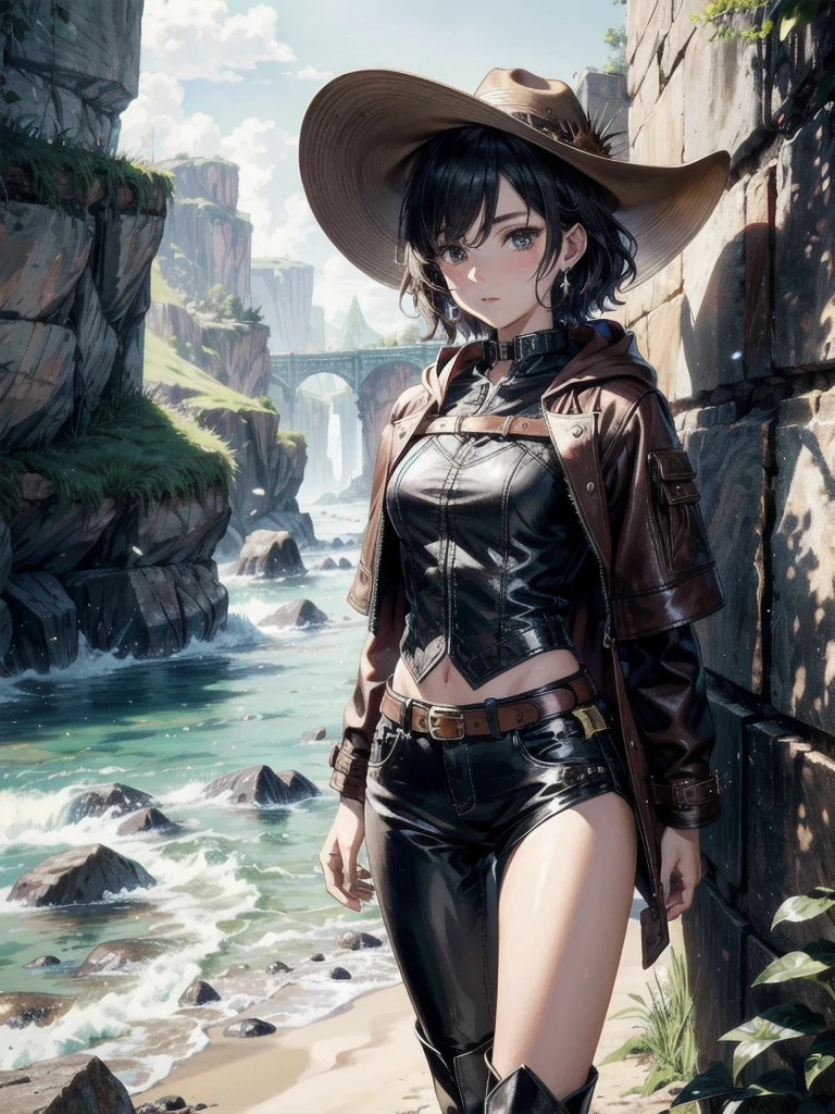 cool cowgirl, fantasy adventurer, cowboy hat, decorated hooded armor jacket, cross belt, Brown leather pants, Red leather long boots, absurdres, RAW photo, extremely delicate and beautiful, masterpiece, Best Quality, ultra high resolution, 32k, hyperrealistic, ultra-detailed, detailed description, pale skin, 20 years old, tearful mole, earring, short medium hair, wavy hair, whole body shot,