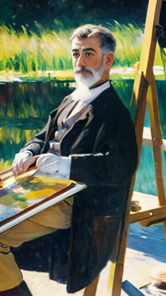 Monet sitting and painting, easel, Oil painting