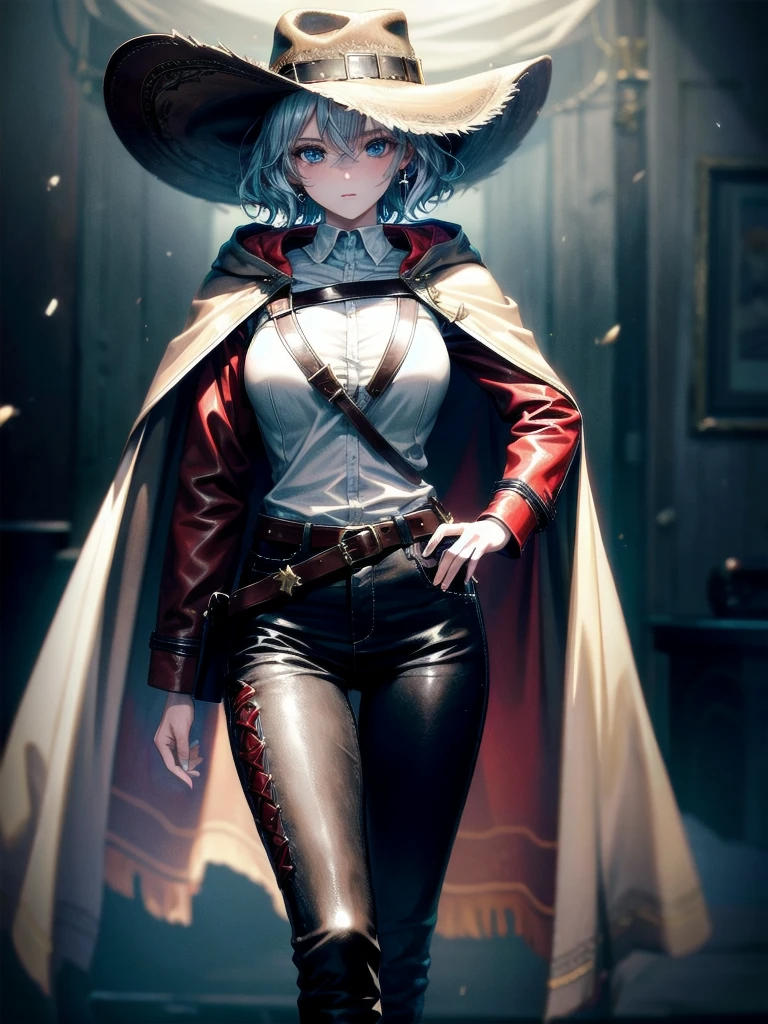 cool cowgirl, fantasy adventurer, cowboy hat, decorated hooded armor jacket, cross belt, Brown leather pants, Red leather long boots, absurdres, RAW photo, extremely delicate and beautiful, masterpiece, Best Quality, ultra high resolution, 32k, hyperrealistic, ultra-detailed, detailed description, pale skin, 20 years old, tearful mole, earring, short medium hair, wavy hair, whole body shot,