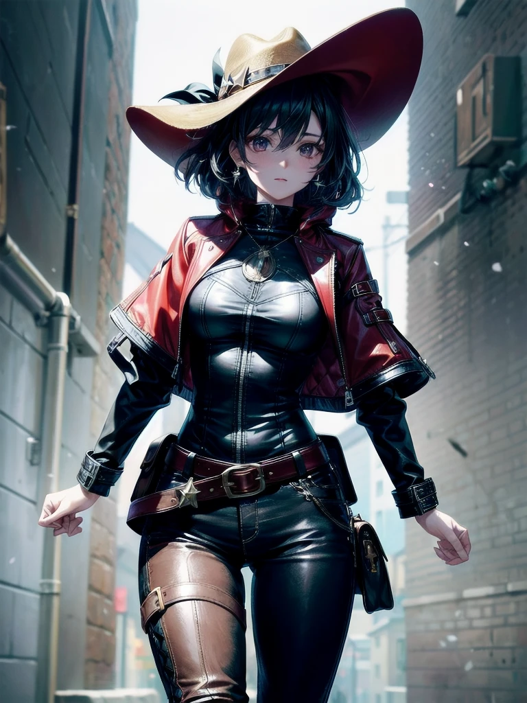 cool cowgirl, fantasy adventurer, cowboy hat, decorated hooded armor jacket, cross belt, Brown leather pants, Red leather long boots, absurdres, RAW photo, extremely delicate and beautiful, masterpiece, Best Quality, ultra high resolution, 32k, hyperrealistic, ultra-detailed, detailed description, pale skin, 20 years old, tearful mole, earring, short medium hair, wavy hair, whole body shot,