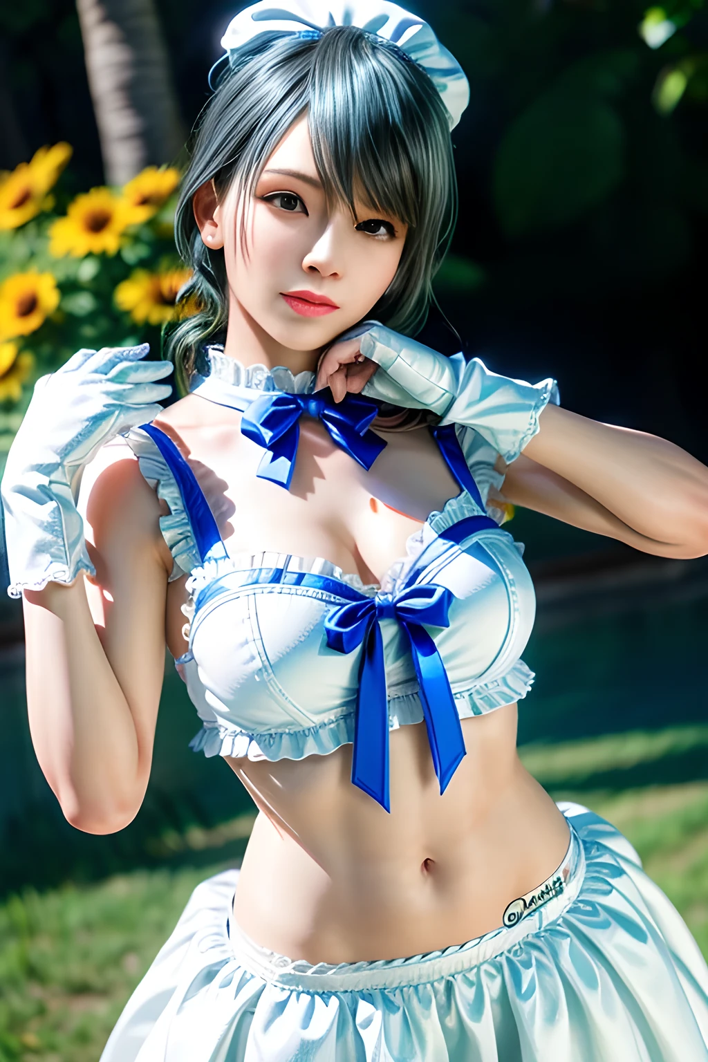 1girl, BREAK (white and black theme:1.4), (fusion of (sleeveless white high neck and collared [crop top]) and (black puff sleeves):1.4), (white tops and black short sleeves:1.2), (wearing a white half apron over a black skirt:1.4), (waist cincher:1.3), (white half apron), ((white maid head-band with ruffles on head, white brim on head):1.3), (white thigh high stockings:1.4), ((white arm warmers, white long glove):1.3), 
BREAK (light-blue theme:1.2), (light-blue lines on skirt:1.3), (light-blue ribbon bow:1.3),  , appealing cleavage,( beautiful tattoo:1.2), overhead view, beautiful detailed eyes, beautiful detailed lips, extremely detailed eyes and face, long eyelashes, feminine charm, detailed texture, snug fit, fashionable, soft fabric, radiant skin, (best quality,4k,8k,highres,masterpiece:1.2), ultra-detailed, (realistic,photorealistic,photo-realistic:1.37), tamaki