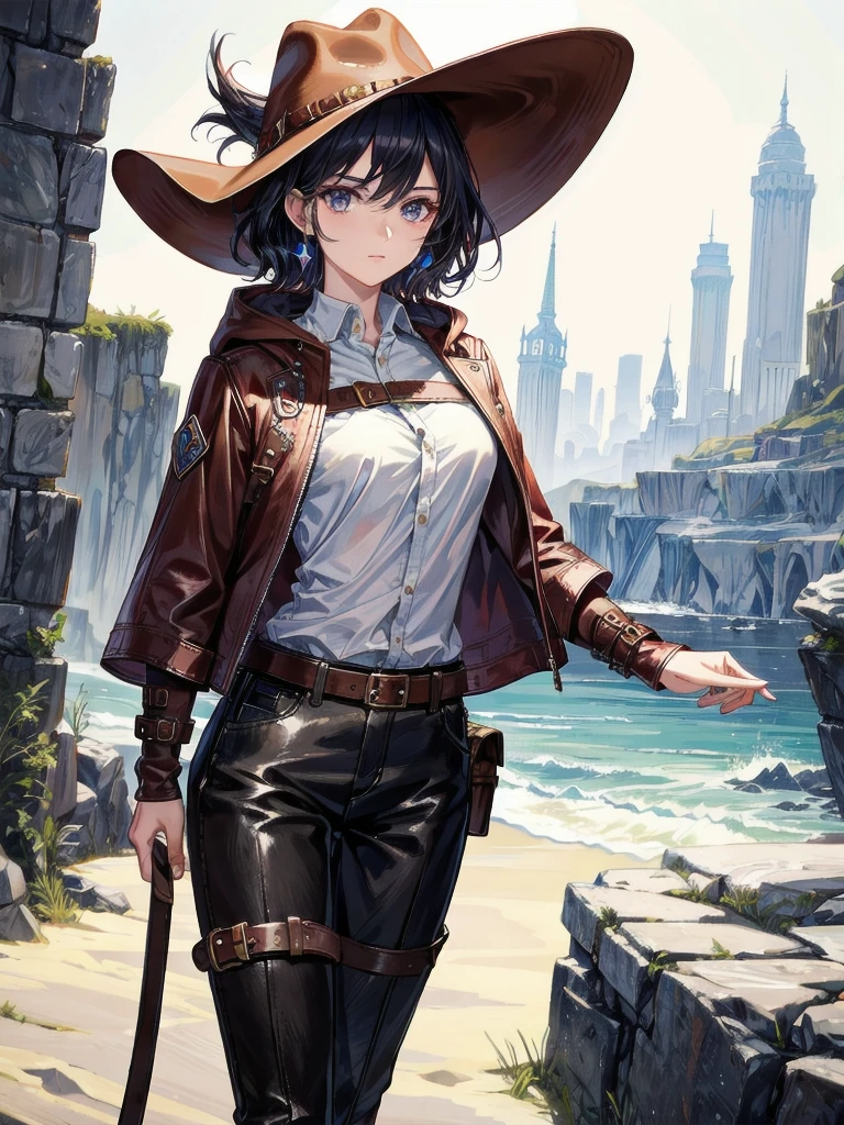 cool cowgirl, fantasy adventurer, cowboy hat, decorated hooded armor jacket, cross belt, Brown leather pants, Red leather long boots, absurdres, RAW photo, extremely delicate and beautiful, masterpiece, Best Quality, ultra high resolution, 32k, hyperrealistic, ultra-detailed, detailed description, pale skin, 20 years old, tearful mole, earring, short medium hair, wavy hair, whole body shot,