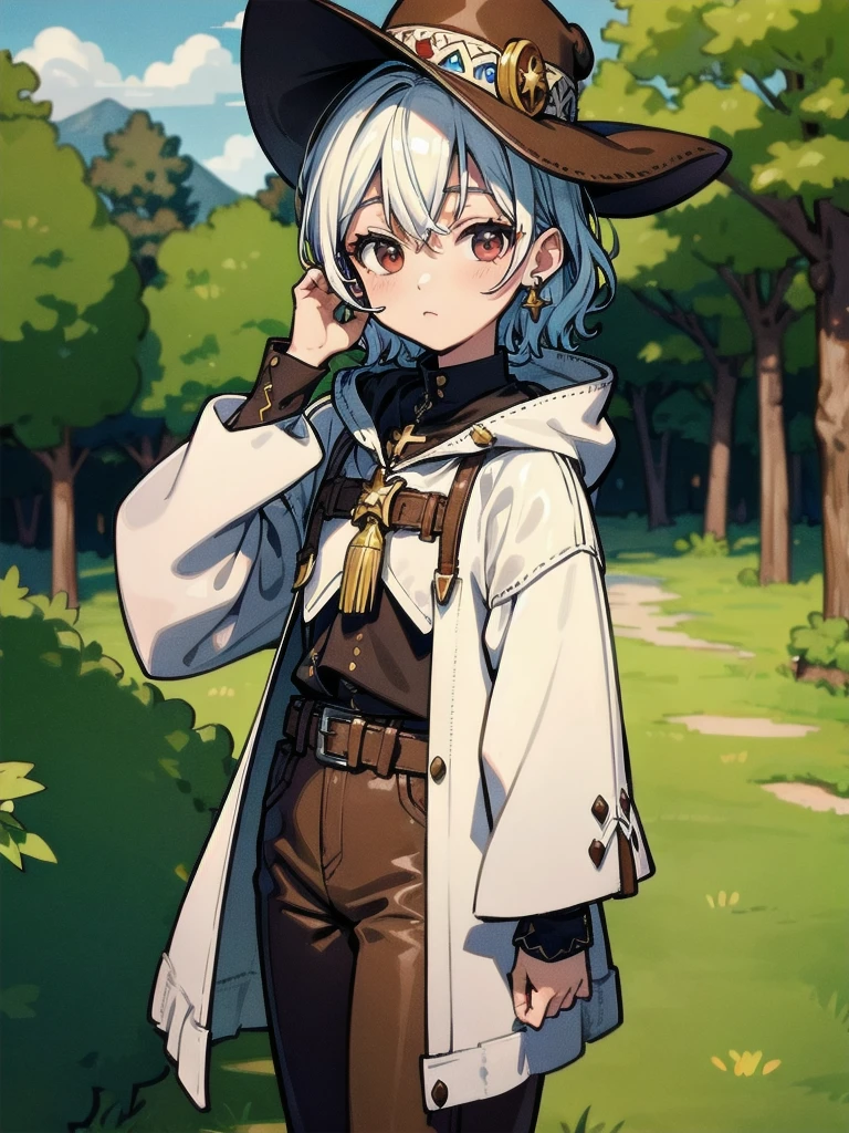 cool cowgirl, fantasy adventurer, cowboy hat, decorated hooded armor jacket, cross belt, Brown leather pants, Red leather long boots, absurdres, RAW photo, extremely delicate and beautiful, masterpiece, Best Quality, ultra high resolution, 32k, hyperrealistic, ultra-detailed, detailed description, pale skin, 20 years old, tearful mole, earring, short medium hair, wavy hair, whole body shot,