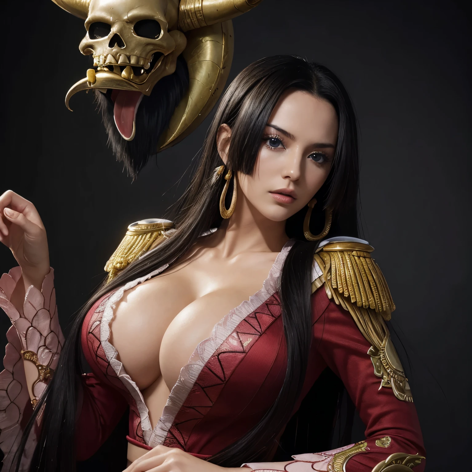 (((masterpiece+highest quality+High resolution+Very detailed))), Boa Hancock, long, silky black hair, High nose, Sharp eyes, A noble and inviolable character, solo, (([woman]: 1.2 + [beauty]: 1.2 + Long black hair: 1.2)), skull_snake background, Bright Eyes, Dynamic angles and postures, wallpaper, ((natural big breasts:1.2)), lace, ((sexy)), pirate ship.