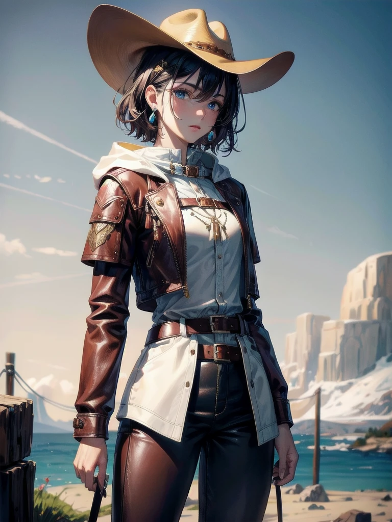 cool cowgirl, fantasy adventurer, cowboy hat, decorated hooded armor jacket, cross belt, Brown leather pants, Red leather long boots, absurdres, RAW photo, extremely delicate and beautiful, masterpiece, Best Quality, ultra high resolution, 32k, hyperrealistic, ultra-detailed, detailed description, pale skin, 20 years old, tearful mole, earring, short medium hair, wavy hair, whole body shot,