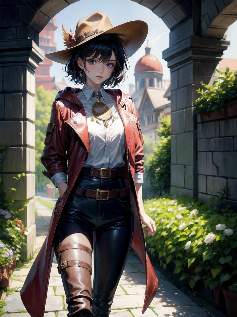 cool cowgirl, fantasy adventurer, cowboy hat, decorated hooded armor jacket, cross belt, Brown leather pants, Red leather long boots, absurdres, RAW photo, extremely delicate and beautiful, masterpiece, Best Quality, ultra high resolution, 32k, hyperrealistic, ultra-detailed, detailed description, pale skin, 20 years old, tearful mole, earring, short medium hair, wavy hair, whole body shot,