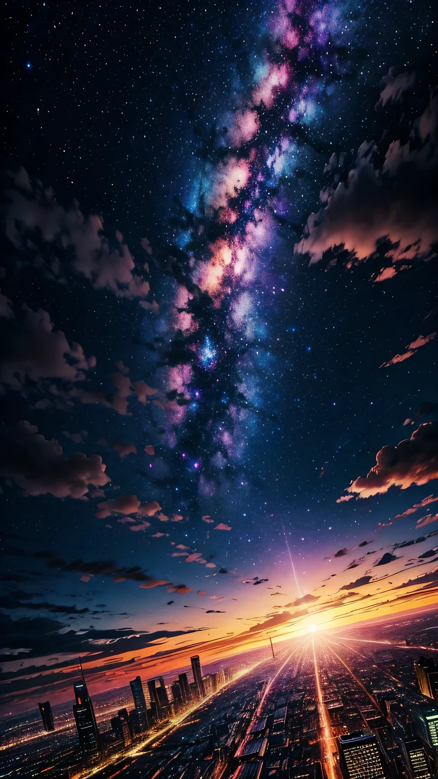 A colorful galaxy，Over the city，Clouds，Sunset