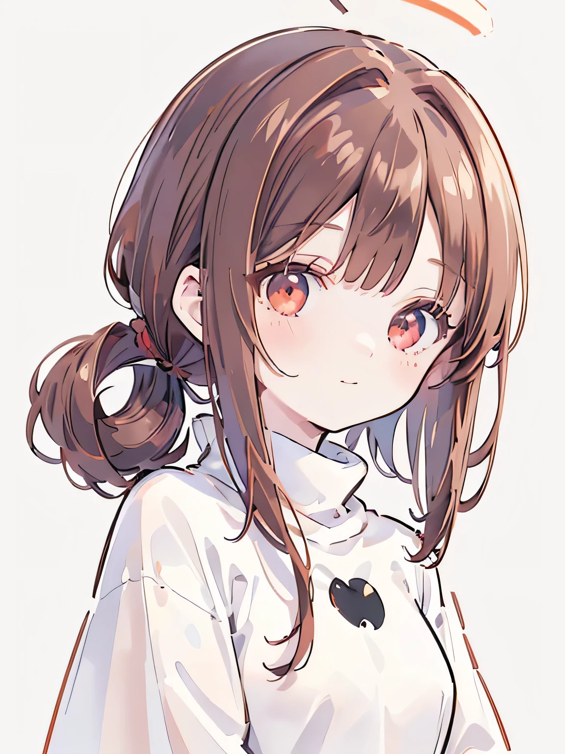 best quality,detailed,1 female, teenagers,(brown and red hair),(((short length single chignon hairstyle))) , ahoge , beautiful small breasts , oversized white sweatshirt on thin tight black turtleneck inner wear , good style,(facing the front),((cheeks turn red、shy smiley expression)),(((upper body portrait))) , from front , deep red eyes , (((The bangs are even))) , white background