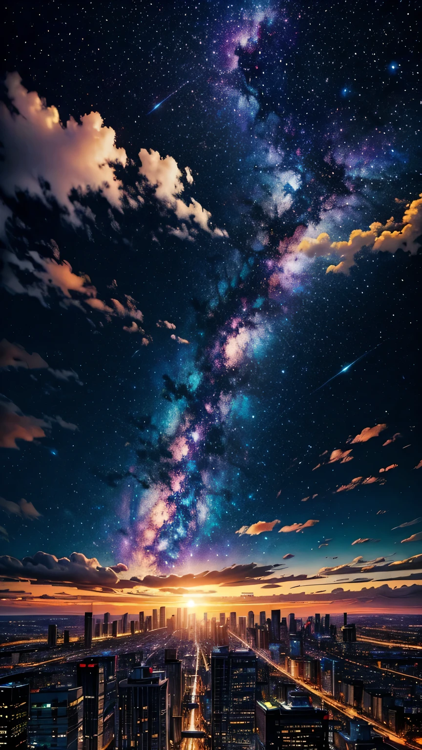 A colorful galaxy，Over the city，Clouds，Sunset