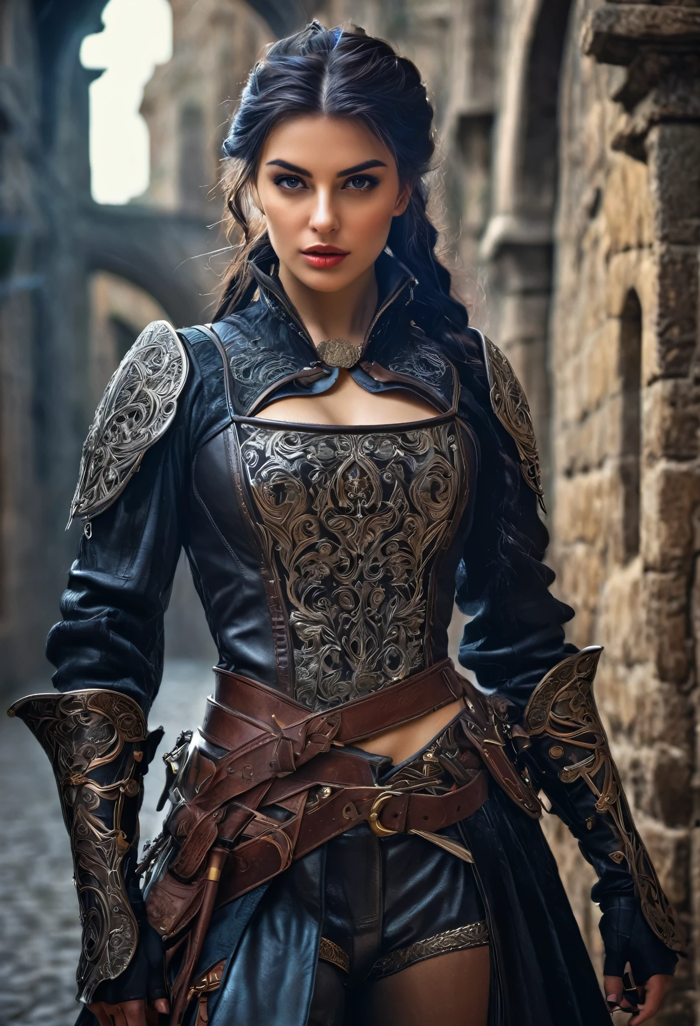 (Masterpiece:1.5), (ultra-detailed:1.4), (highres:1.3), (HDR:1.2), (hyperrealism:1.5), (anatomically correct seductive female assassin:1.7), (European medieval fantasy setting:1.6), (dark and mysterious atmosphere:1.5), (intricate assassin attire with fantasy elements:1.6), (best quality:1.5), (dynamic and powerful pose:1.4), (subtle yet haunting lighting:1.3), (rich and deep color palette:1.2), (engraved weapons with magical glow:1.5), (detailed leather and metalwork on costume:1.4), (ethereal beauty with a dangerous allure:1.6), (captivating eyes that hold a story:1.3), (perfect blend