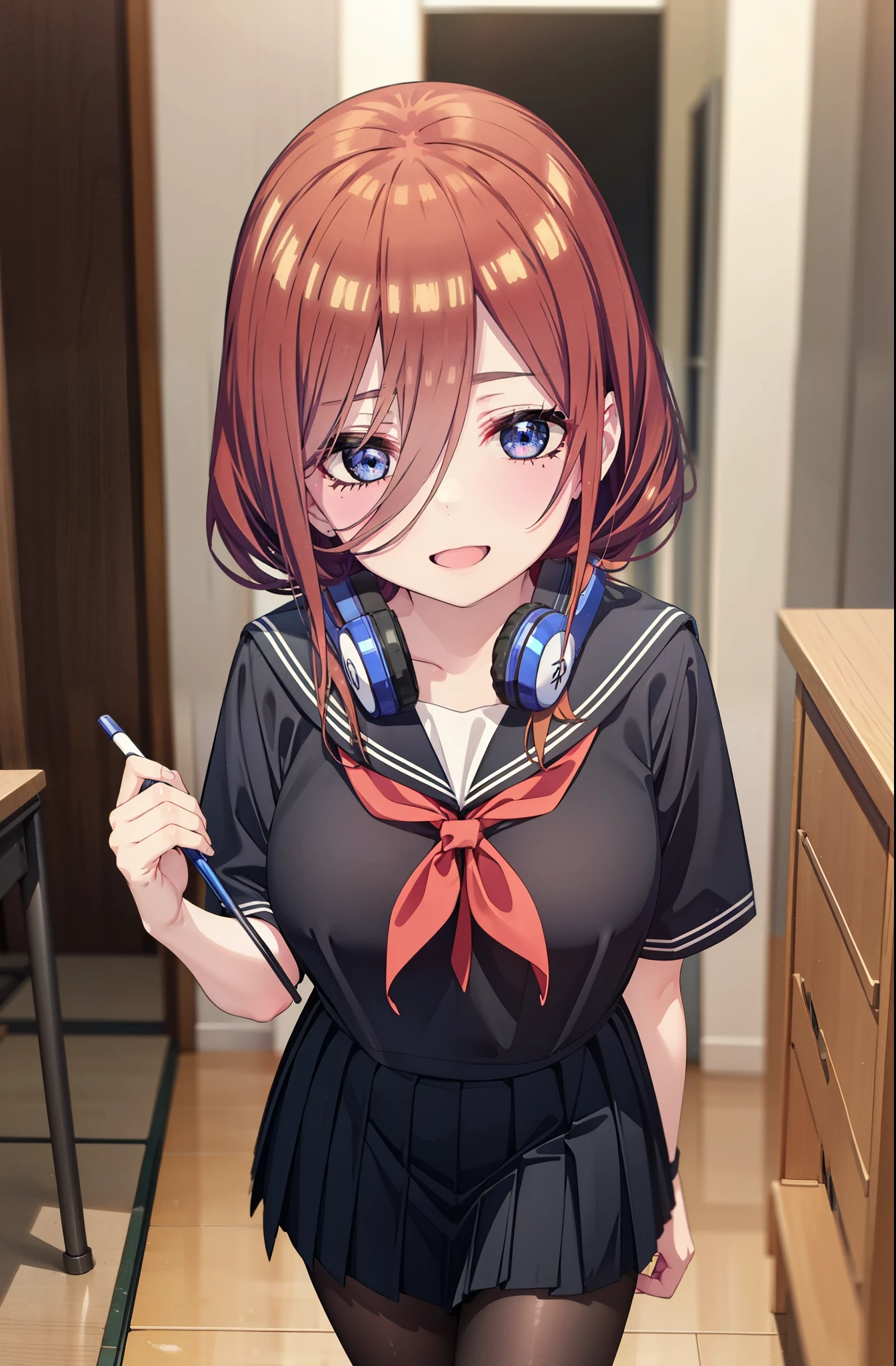 Mikunakano, Miku Nakano, Long Hair, bangs, blue eyes, Brown Hair, shirt, Hair between the eyes, Headphones around the neck,smile、happy smile, smile, Open your mouth,Big Breasts,Japanese schoolgirl(Sailor suit),Short sleeve,Black pleated skirt,Black Pantyhose,Brown Loafers,Daytime,sunny,whole bodyがイラストに入るように,Angle from below,(((Panty shot)))、((Pull up your skirt、I can see her panties))、
break indoors, classroom,Big Breasts,
break looking at viewer, whole body,
break (masterpiece:1.2), highest quality, High resolution, unity 8k wallpaper, (shape:0.8), (Beautiful details:1.6), Highly detailed face, Perfect lighting, Highly detailed CG, (Perfect hands, Perfect Anatomy),Detailed illustrations