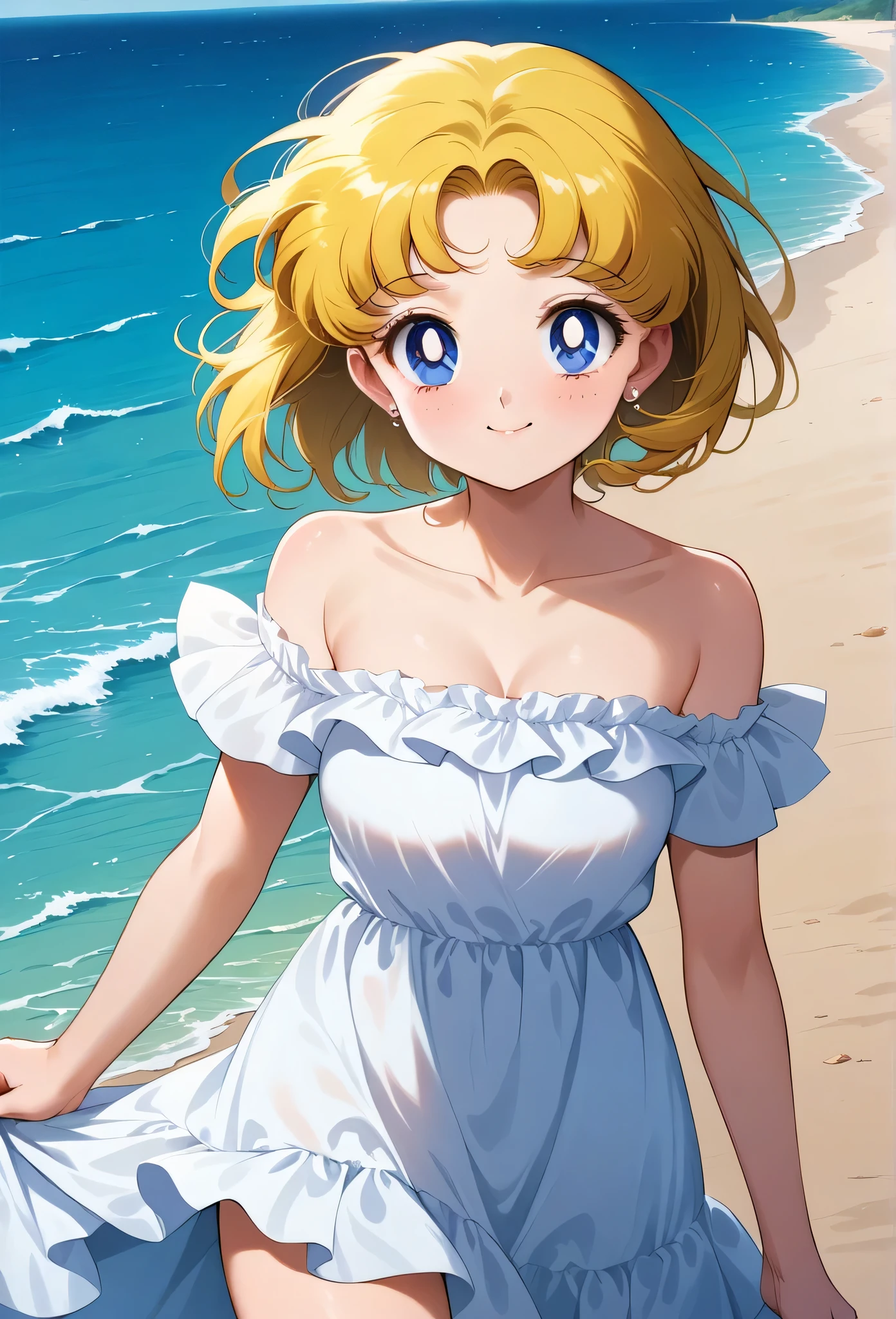 (masterpiece, best quality, very aesthetic, ultra detailed), intricate details, 4k, aausagi, 1 girl, solo, Best quality, masterpiece, High Definition, Teenager, Blue Eyes, Beautiful Detail Eyes, Blonde Hair, Bob Haircut, Good hands at sides, Smile, Blushing, Bare Neck, Bare Arms, Bare Shoulders, short sleeve, Strapless, White Ruffle Off-the-Shoulder Top, White Off-the-shoulder Dress, White maxi dress, walking on the beach, Background, blue skies, cowboy shot