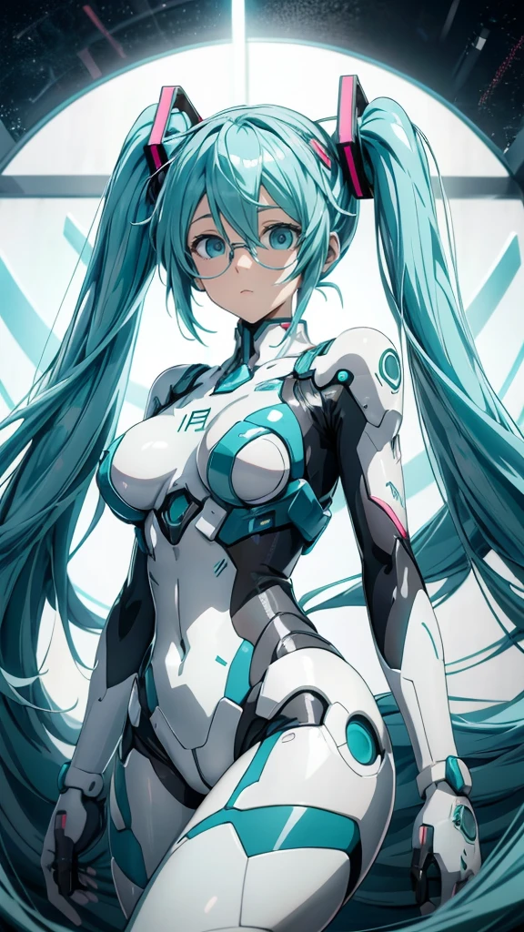 Hatsune Miku Vocaloid, Twin Tails, Light Blue Eyes, Light Blue Hair, Pichi Pichi Bodysuit, plug suit Neon Genesis Evangelion, Ultimate Physical Beauty, Beautiful Eyes, embarrassed look , ((Big Breasts)), 8K CG, Top Quality, Best Image Quality, 2D digital illustration, 1cute girl, cat tail, 1 girl, glasses,
