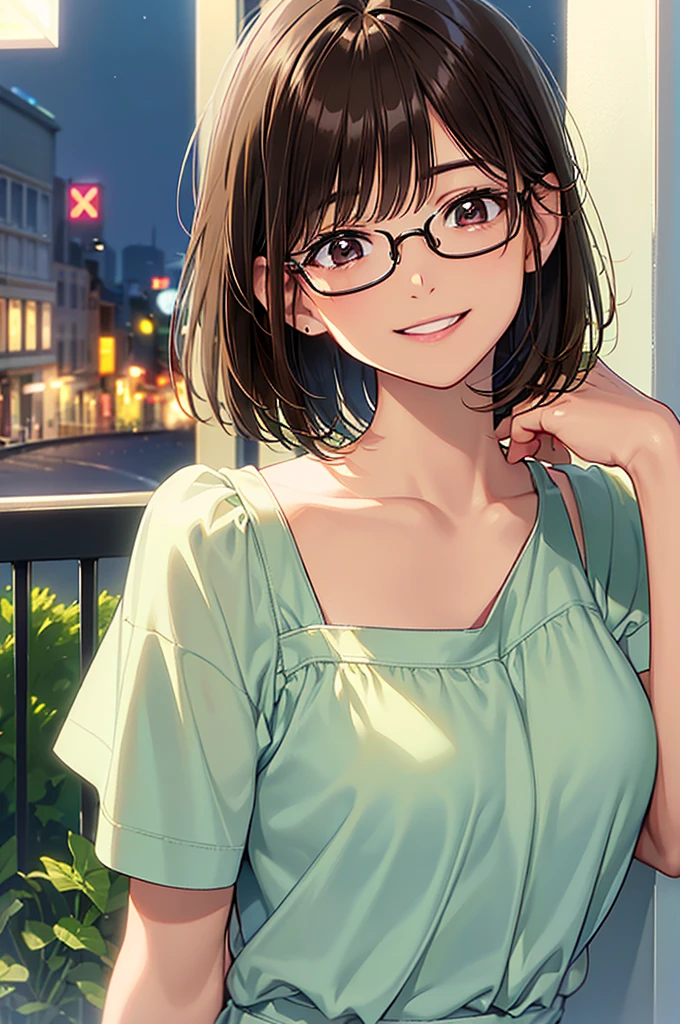 Masterpiece、High resolution、high resolution、High definition、1 female、Very close、((Depiction of only the upper body))、((Brown Hair、short hair、Pixie Cut))、((Rimless glasses))、A kind smile、Smiling with teeth showing、((Late night city))、