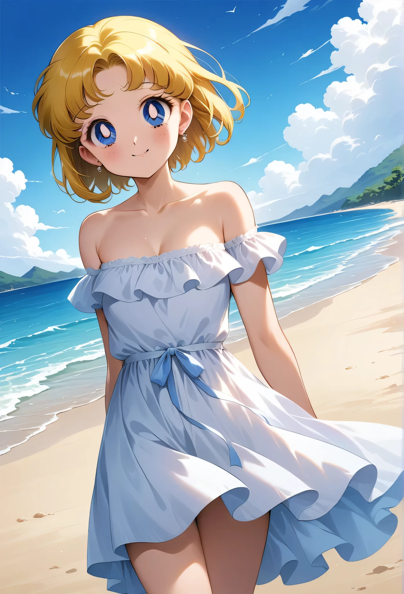 (masterpiece, best quality, very aesthetic, ultra detailed), intricate details, 4k, aausagi, 1 girl, solo, Best quality, masterpiece, High Definition, Teenager, Blue Eyes, Beautiful Detail Eyes, Blonde Hair, Bob Haircut, Good hands at sides, Smile, Blushing, Bare Neck, Bare Arms, Bare Shoulders, short sleeve, Strapless, White Ruffle Off-the-Shoulder Top, White Off-the-shoulder Dress, White maxi dress, walking on the beach, Background, blue skies, cowboy shot