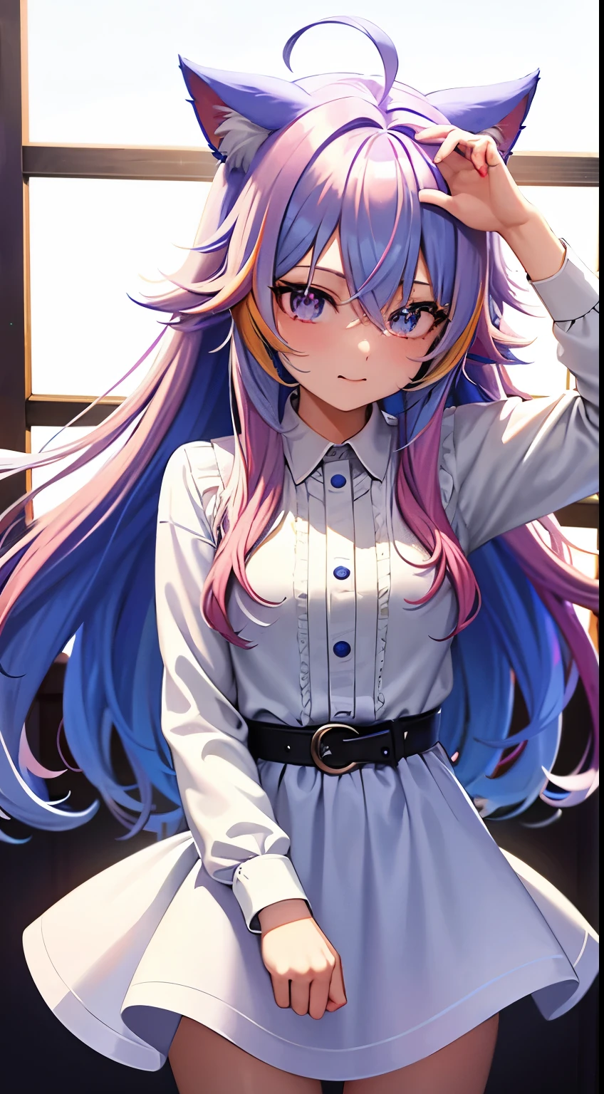 cowboy shot, masterpiece,Splash color, soft lighting,(cocktail glass), 1girl, solo, cat ears, multicolored hair, ((gradient hair), white+(blue)+(pink:0.5) hair//), very long hair, messy hair, bangs, ahoge, ((gradient eyes), pink+light_blue eyes//), slit pupils, glowing eyes, 1fang, white sweater