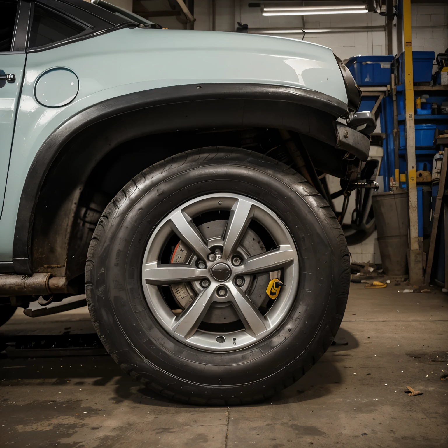 Make a picture of a car tire. Where the tire is standing up against a wall in a mechanic shop. And you can clearly see the manufacturer's brand, parecido com o da Pirelli. But the manufacturer's brand is Pr.John