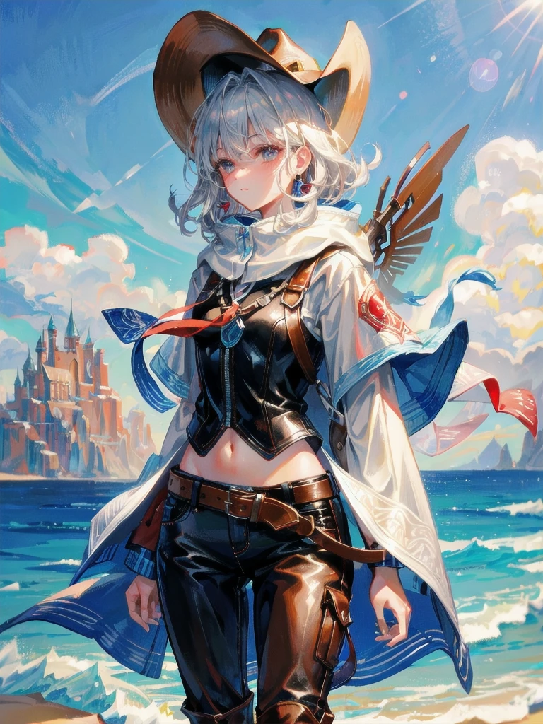 cool cowgirl, fantasy adventurer, cowboy hat, decorated hooded armor jacket, cross belt, Brown leather pants, Red leather long boots, absurdres, RAW photo, extremely delicate and beautiful, masterpiece, Best Quality, ultra high resolution, 32k, hyperrealistic, ultra-detailed, detailed description, pale skin, 20 years old, tearful mole, earring, short medium hair, wavy hair, whole body shot,