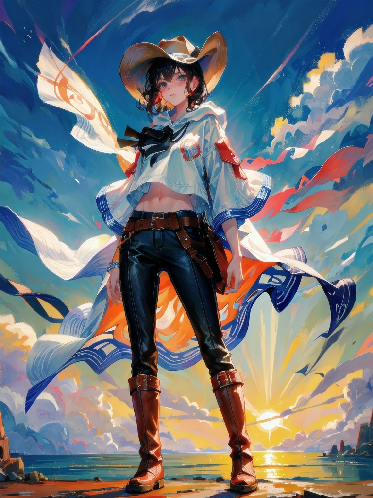 cool cowgirl, fantasy adventurer, cowboy hat, decorated hooded armor jacket, cross belt, Brown leather pants, Red leather long boots, absurdres, RAW photo, extremely delicate and beautiful, masterpiece, Best Quality, ultra high resolution, 32k, hyperrealistic, ultra-detailed, detailed description, pale skin, 20 years old, tearful mole, earring, short medium hair, wavy hair, whole body shot,