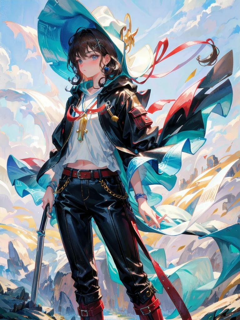 cool cowgirl, fantasy adventurer, cowboy hat, decorated hooded armor jacket, cross belt, Brown leather pants, Red leather long boots, absurdres, RAW photo, extremely delicate and beautiful, masterpiece, Best Quality, ultra high resolution, 32k, hyperrealistic, ultra-detailed, detailed description, pale skin, 20 years old, tearful mole, earring, short medium hair, wavy hair, whole body shot,