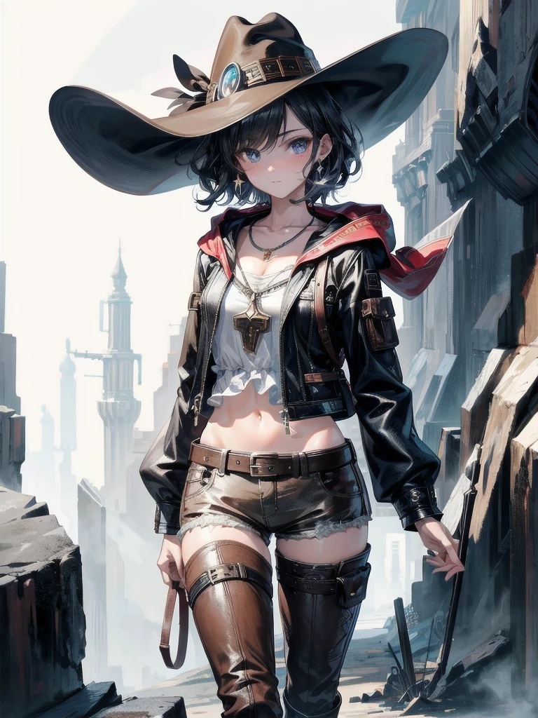 cool cowgirl, fantasy adventurer, cowboy hat, decorated hooded armor jacket, cross belt, Brown leather pants, Red leather long boots, absurdres, RAW photo, extremely delicate and beautiful, masterpiece, Best Quality, ultra high resolution, 32k, hyperrealistic, ultra-detailed, detailed description, pale skin, 20 years old, tearful mole, earring, short medium hair, wavy hair, whole body shot,