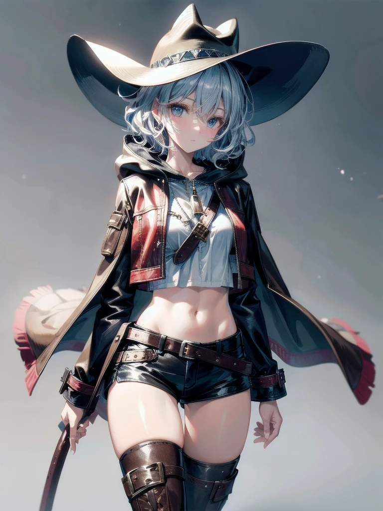 cool cowgirl, fantasy adventurer, cowboy hat, decorated hooded armor jacket, cross belt, Brown leather pants, Red leather long boots, absurdres, RAW photo, extremely delicate and beautiful, masterpiece, Best Quality, ultra high resolution, 32k, hyperrealistic, ultra-detailed, detailed description, pale skin, 20 years old, tearful mole, earring, short medium hair, wavy hair, whole body shot,