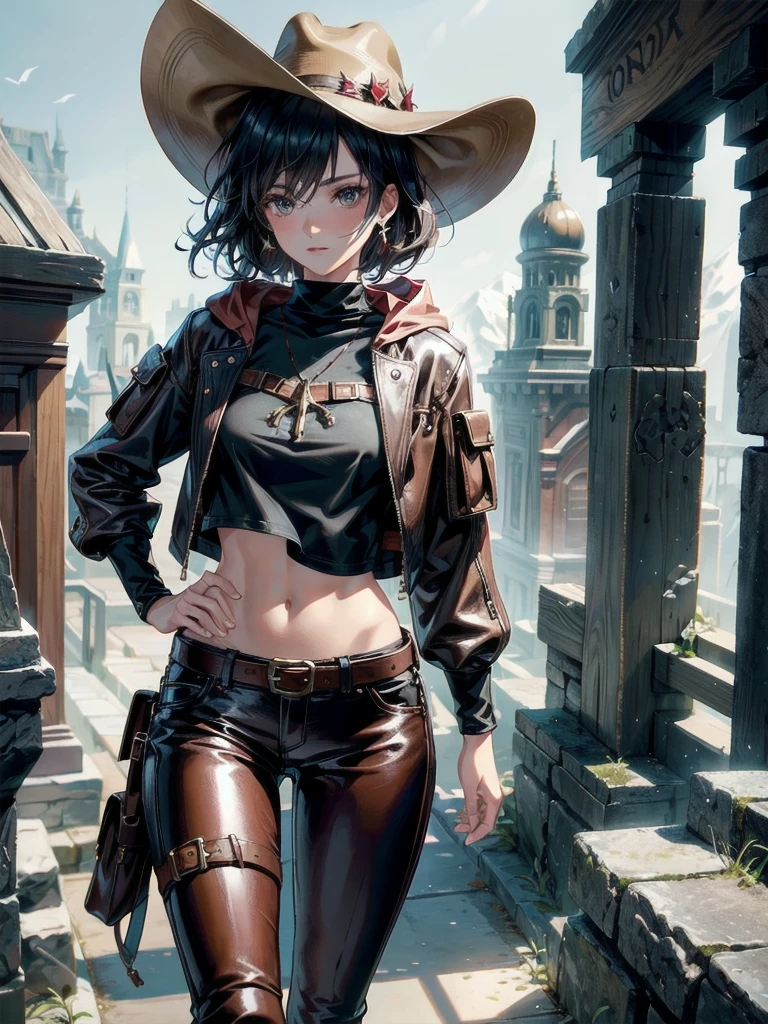 cool cowgirl, fantasy adventurer, cowboy hat, decorated hooded armor jacket, cross belt, Brown leather pants, Red leather long boots, absurdres, RAW photo, extremely delicate and beautiful, masterpiece, Best Quality, ultra high resolution, 32k, hyperrealistic, ultra-detailed, detailed description, pale skin, 20 years old, tearful mole, earring, short medium hair, wavy hair, whole body shot,