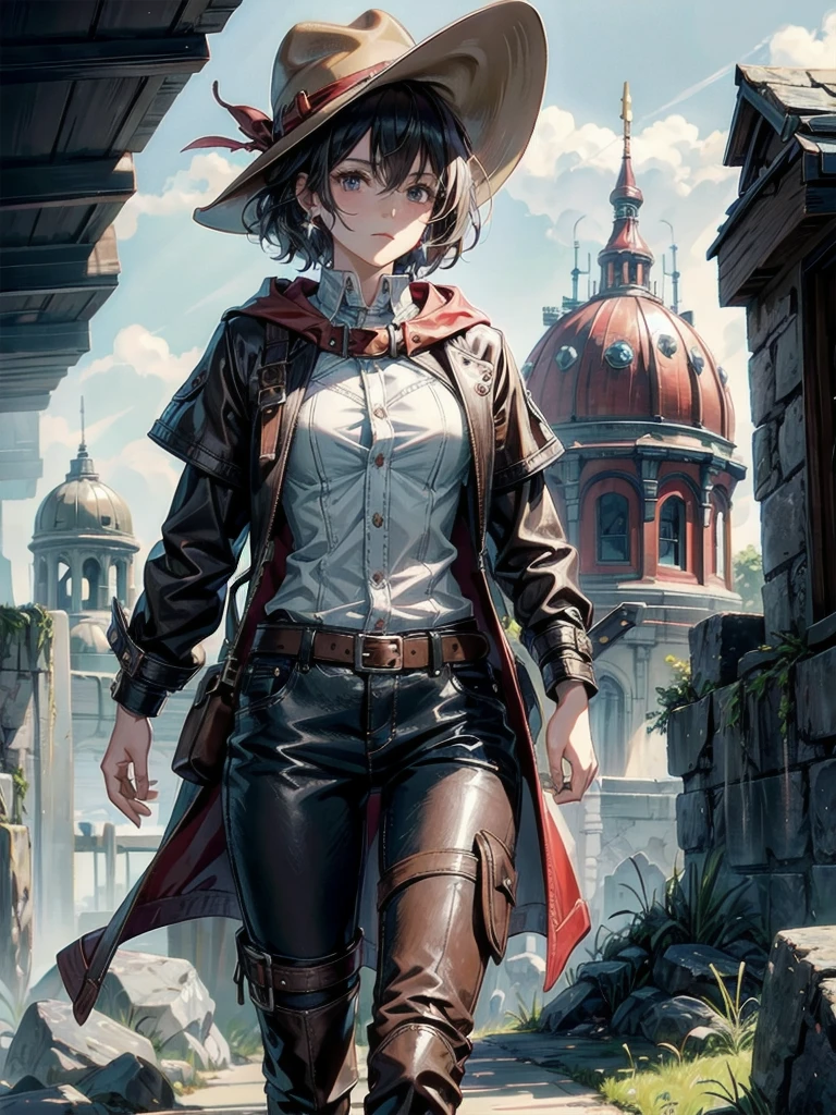 cool cowgirl, fantasy adventurer, cowboy hat, decorated hooded armor jacket, cross belt, Brown leather pants, Red leather long boots, absurdres, RAW photo, extremely delicate and beautiful, masterpiece, Best Quality, ultra high resolution, 32k, hyperrealistic, ultra-detailed, detailed description, pale skin, 20 years old, tearful mole, earring, short medium hair, wavy hair, whole body shot,