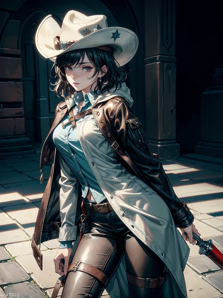 cool cowgirl, fantasy adventurer, cowboy hat, decorated hooded armor jacket, cross belt, Brown leather pants, Red leather long boots, absurdres, RAW photo, extremely delicate and beautiful, masterpiece, Best Quality, ultra high resolution, 32k, hyperrealistic, ultra-detailed, detailed description, pale skin, 20 years old, tearful mole, earring, short medium hair, wavy hair, whole body shot,