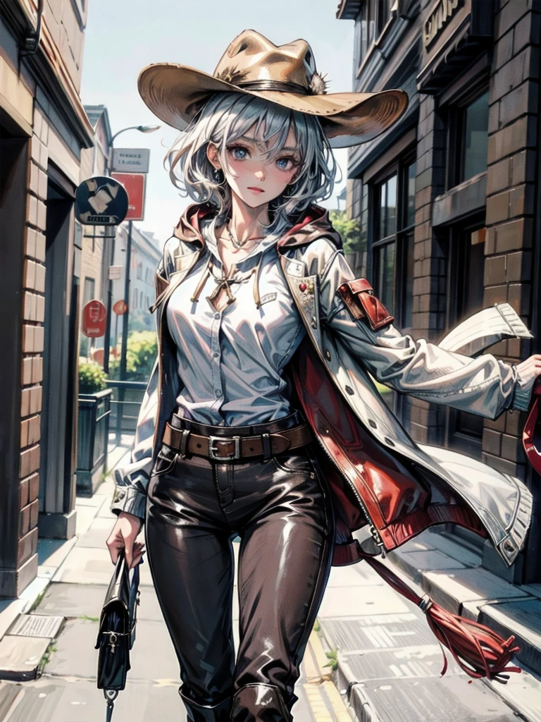 cool cowgirl, fantasy adventurer, cowboy hat, decorated hooded armor jacket, cross belt, Brown leather pants, Red leather long boots, absurdres, RAW photo, extremely delicate and beautiful, masterpiece, Best Quality, ultra high resolution, 32k, hyperrealistic, ultra-detailed, detailed description, pale skin, 20 years old, tearful mole, earring, short medium hair, wavy hair, whole body shot,