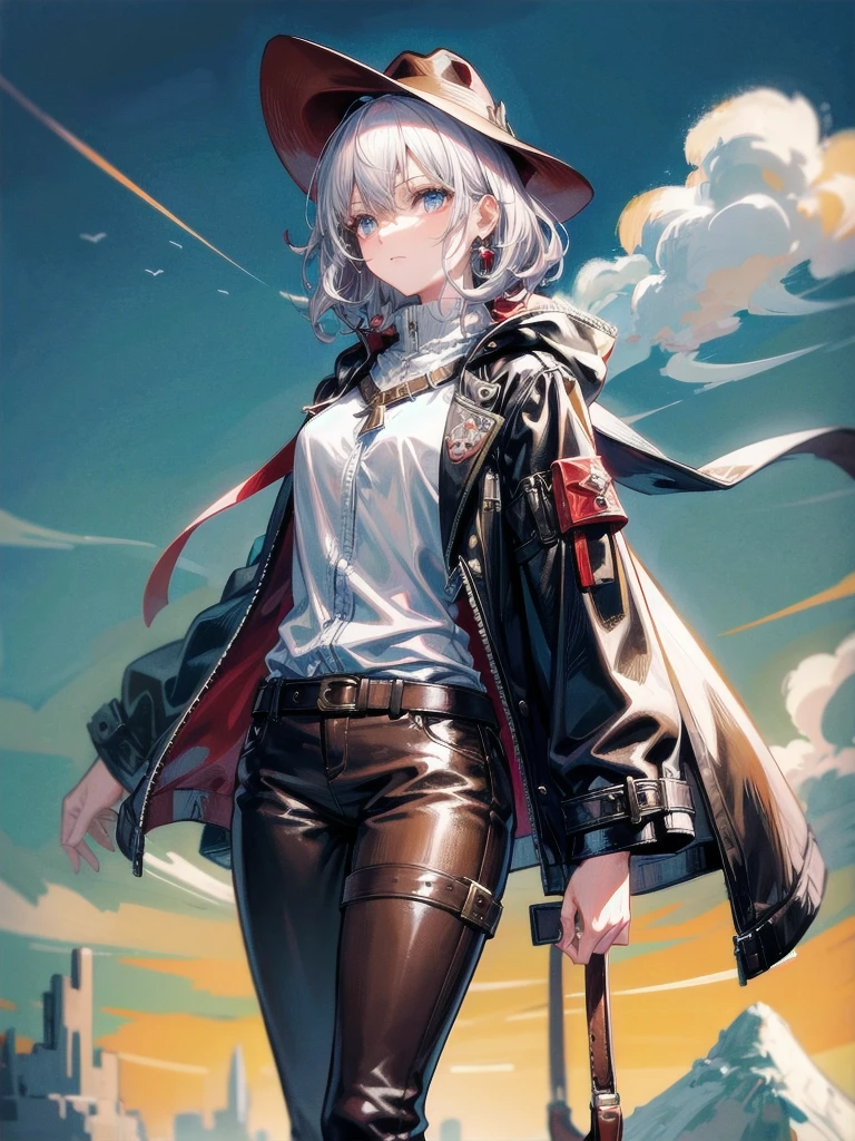 cool cowgirl, fantasy adventurer, cowboy hat, decorated hooded armor jacket, cross belt, Brown leather pants, Red leather long boots, absurdres, RAW photo, extremely delicate and beautiful, masterpiece, Best Quality, ultra high resolution, 32k, hyperrealistic, ultra-detailed, detailed description, pale skin, 20 years old, tearful mole, earring, short medium hair, wavy hair, whole body shot,