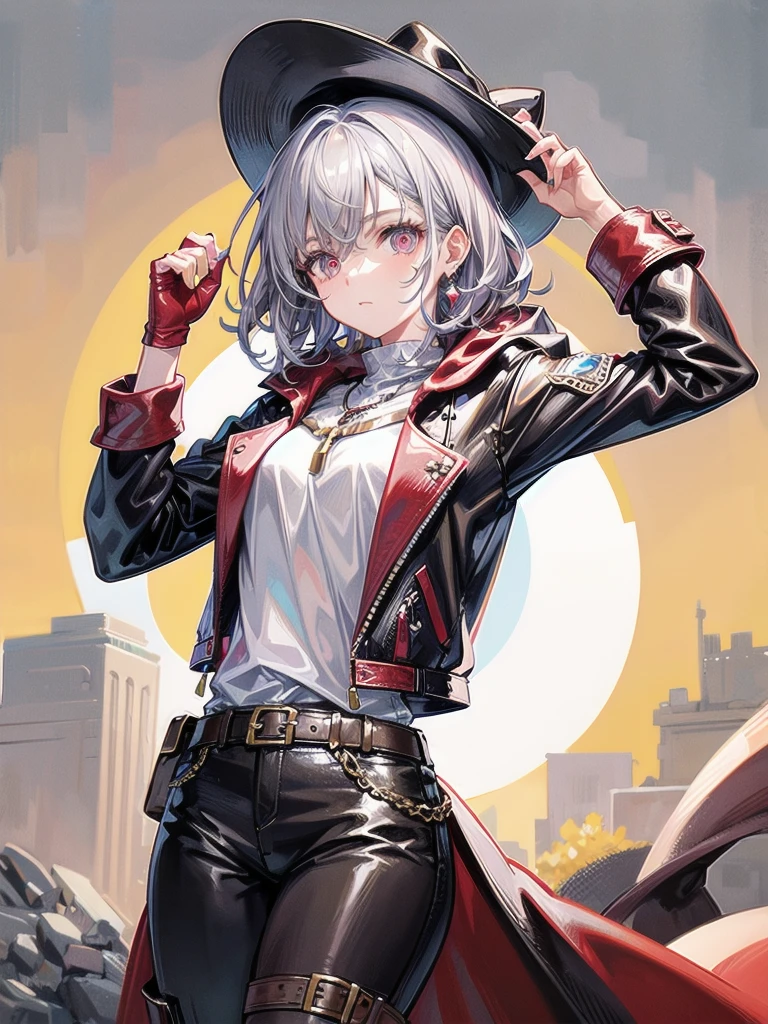 cool cowgirl, fantasy adventurer, cowboy hat, decorated hooded armor jacket, cross belt, Brown leather pants, Red leather long boots, absurdres, RAW photo, extremely delicate and beautiful, masterpiece, Best Quality, ultra high resolution, 32k, hyperrealistic, ultra-detailed, detailed description, pale skin, 20 years old, tearful mole, earring, short medium hair, wavy hair, whole body shot,