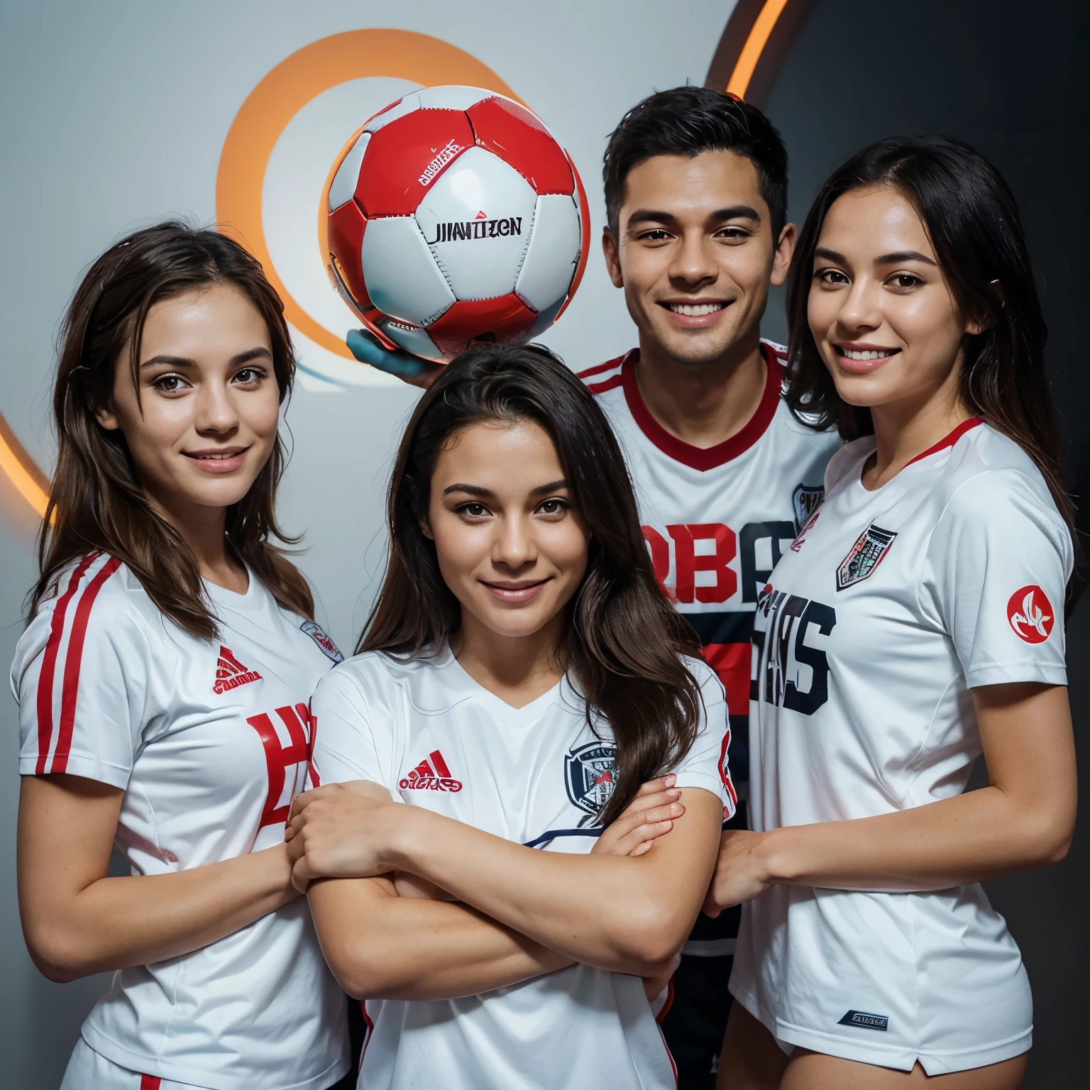 A digital illustration of a clear-faced, consisting of 4 people aged around 35 years , smiling broadly . The individual is wearing a White soccer jersey and holding a ball . The word 'INTERNAL MATCH REVENGE' is prominently displayed below the character in bold white letters with a red outline. The background is dark with abstract shapes and colors, giving it a dynamic and energetic feel.