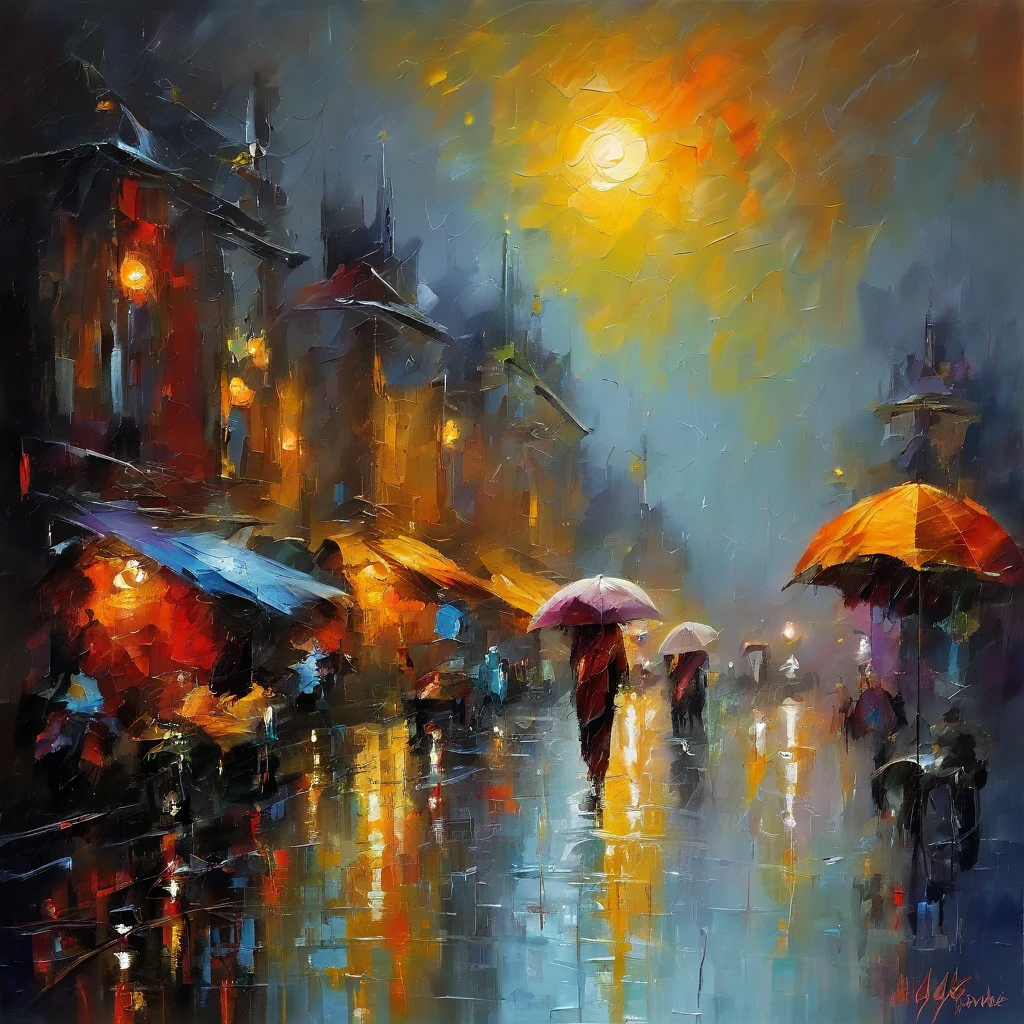 ((Rainy night cyberpunk city scene:1.9))、Impressionism、Bright colors、Dappled Light、Flowing brushstrokes、water lily、poppies、Blooming Flowers、Peaceful atmosphere、Beautiful reflection、(Inspired by Monet:1.2)、Soft and dreamy、Pastel shades、Light of the sun、特徴Impressionism、Subtle details、Calm and quiet、Rich texture、Graceful Movement、A refreshing atmosphere、Atmospheric perspective、Play of light and shadow