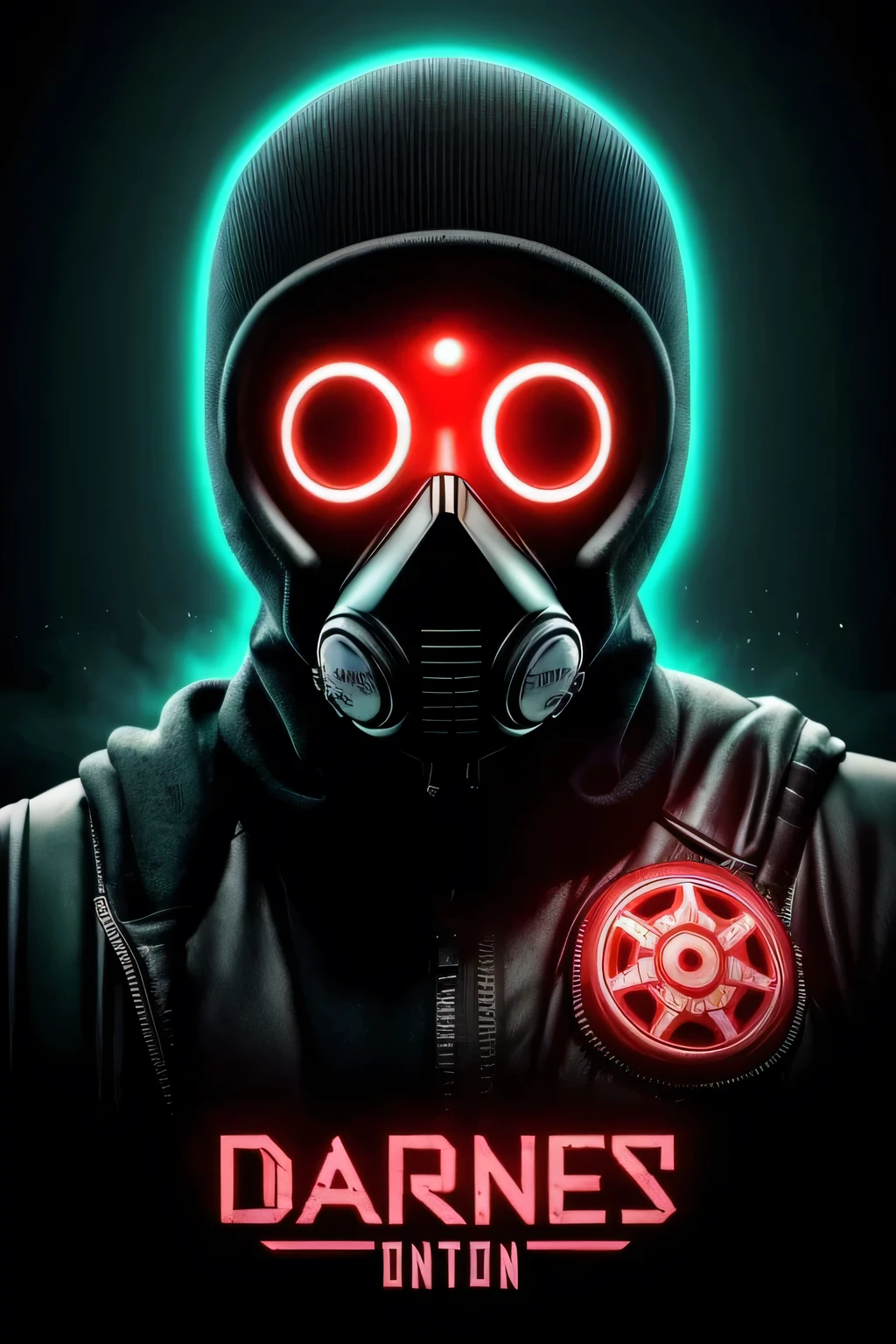 The logo presents a post-apocalyptic aesthetic, with a dark background hinting at destruction and chaos. En el centro, a gas mask, iconic of apocalyptic and pandemic times, stands out in vibrant neon tones, as a symbol of survival in a dystopian world. Flashing neon lights surround the mask, creating an aura of danger and despair. En las sombras de la imagen, elements related to drug consumption are hinted at, suggesting a world where reality fades and addiction is an escape route. En conjunto, the logo evokes a gloomy and surreal atmosphere, que captura la esencia de un mundo al borde del colapso. y que diga Vexen en la parte inferior, hazlo con colores, verdes, amarillos, celestes, rojos, azules, rosados. REMPLAZANDO EL NOMBRE DE LA PARTE INFERIOR CON MORDECAI