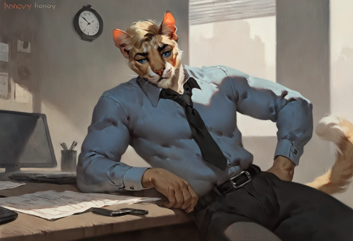 Male blond cat, by honovy, blue eyes, short hair, handsome, pants, detective shirt, bored pose, bored expression, short beard, office, detective aesthetic, gloves, solo