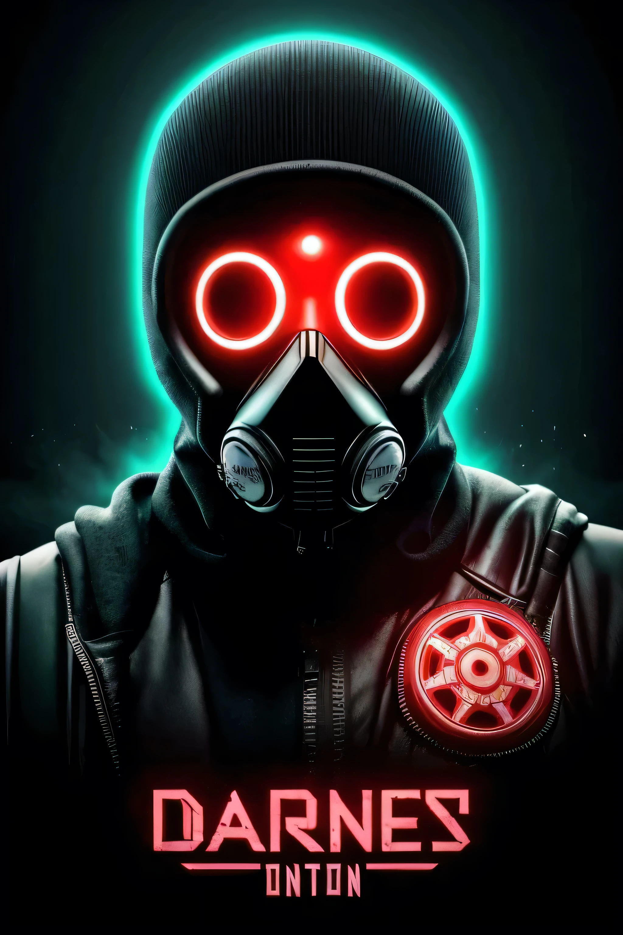 The logo presents a post-apocalyptic aesthetic, with a dark background hinting at destruction and chaos. En el centro, a gas mask, iconic of apocalyptic and pandemic times, stands out in vibrant neon tones, as a symbol of survival in a dystopian world. Flashing neon lights surround the mask, creating an aura of danger and despair. En las sombras de la imagen, elements related to drug consumption are hinted at, suggesting a world where reality fades and addiction is an escape route. En conjunto, the logo evokes a gloomy and surreal atmosphere, que captura la esencia de un mundo al borde del colapso. y que diga Vexen en la parte inferior, hazlo con colores, verdes, amarillos, celestes, rojos, azules, rosados. REMPLAZANDO EL NOMBRE DE LA PARTE INFERIOR CON MORDECAI